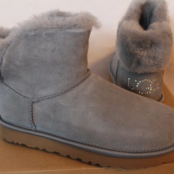 UGG MINI BLING SWAROVSKI CRYSTAL SUEDE BOOTS GRAY - Picture 4 of 11